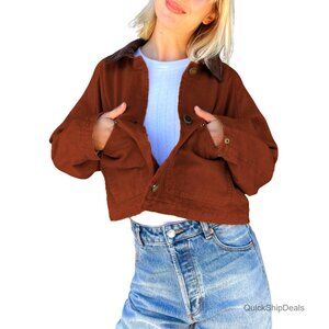 Cropped Corduroy Collar Barn Jacket, Button Front, Relaxed Fit, Pockets